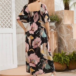 MakeMeChic Women's Plus Size Boho Floral Short Sleeve High Waist A Line Dress